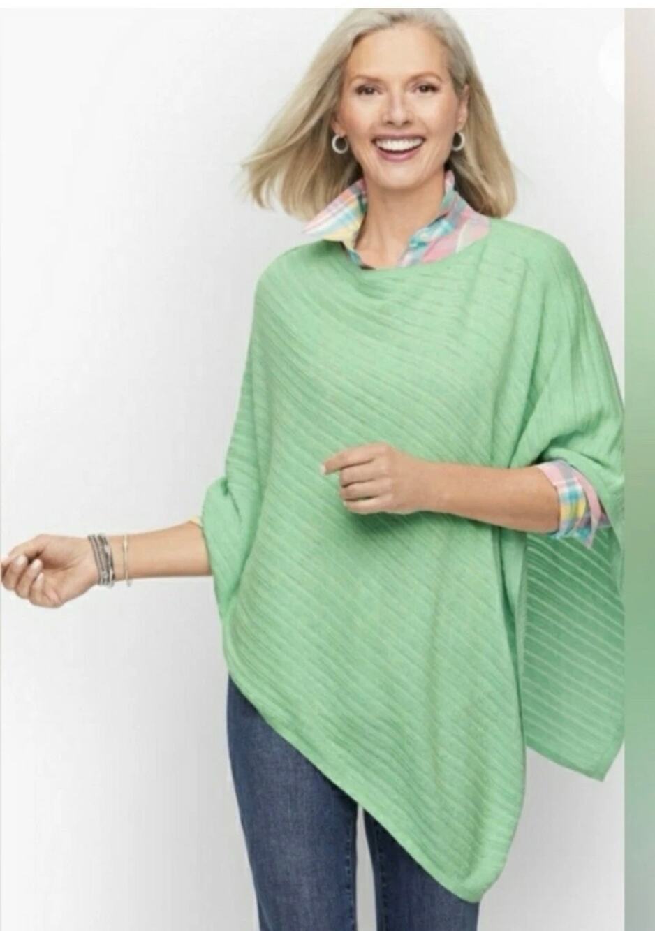 Talbots NWT Mint Green Asymmetrical Shawl Poncho M/L Lightweight Knit Accessory